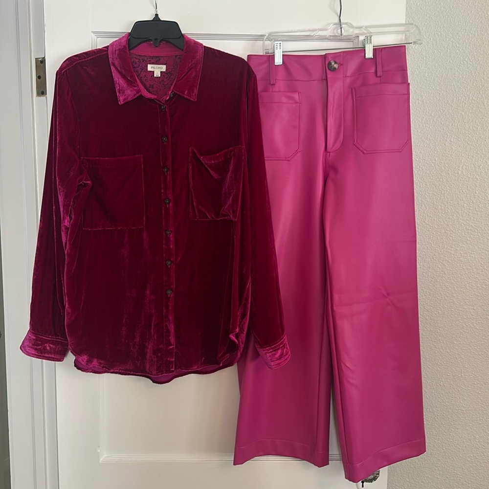 Hot Pink Anthropologie Outfit Velvet Buttondown with Colette Vegan Leather Pant